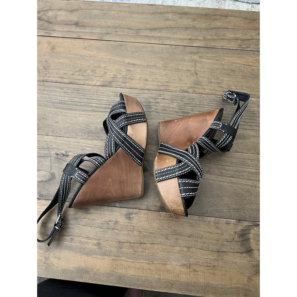 Miu Miu Black Leather Stitch Wood Wedge Sandals Ankle Strap Women’s 9.5 (40EU)